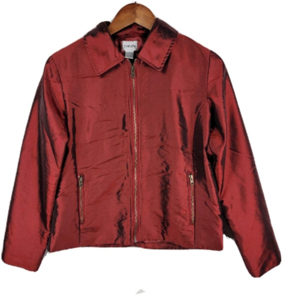 Chico's Women's Red Metallic Long Sleeve Full Zip Basic Jacket  Size 1